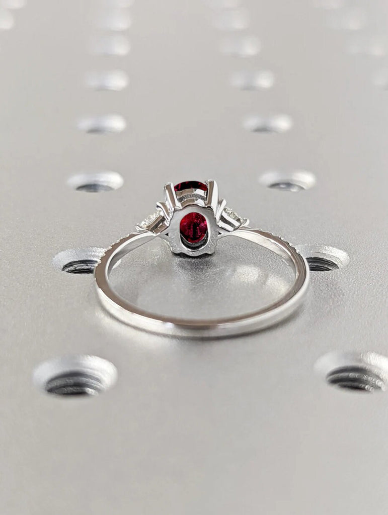 Oval cut Lab Grown Ruby Women Engagement Cocktail Ring | Solid Gold, Platinum Triangle Moissanite Eternity Wedding Band | July Birthstone