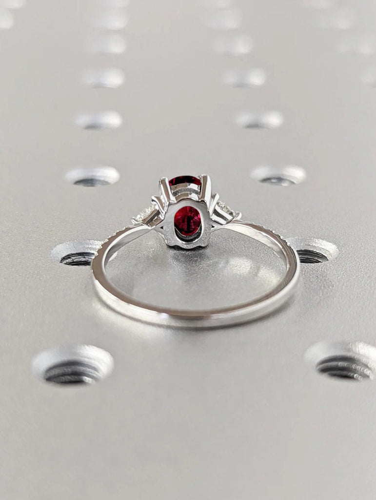 14K 18K White Gold Red Lab Ruby Solitaire Wedding Anniversary Ring for Wife | 3 Stone Trilogy Trillion Diamond Proposal Promise Ring