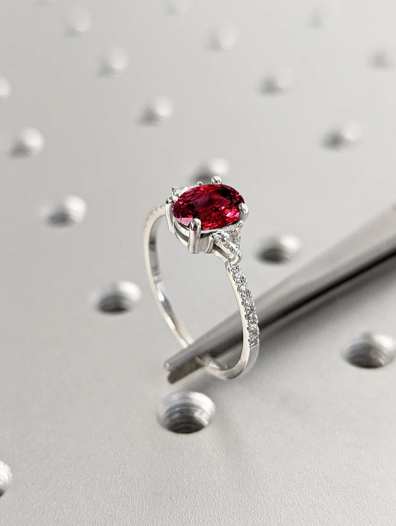 Oval cut Lab Created Ruby, Triangle Diamond/Moissanite Promise Ring for Her | Solid Gold, Platinum Bridal Jewelry