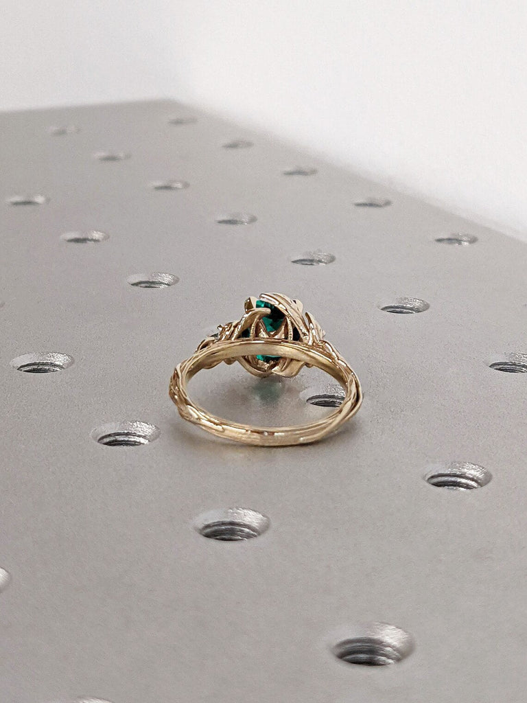 14K Yellow Gold Green Lab Emerald Unique Floral Proposal Ring for Her | Rustic Twigs and Leaf Platinum 3 Stone Trilogy Diamond Wedding Band