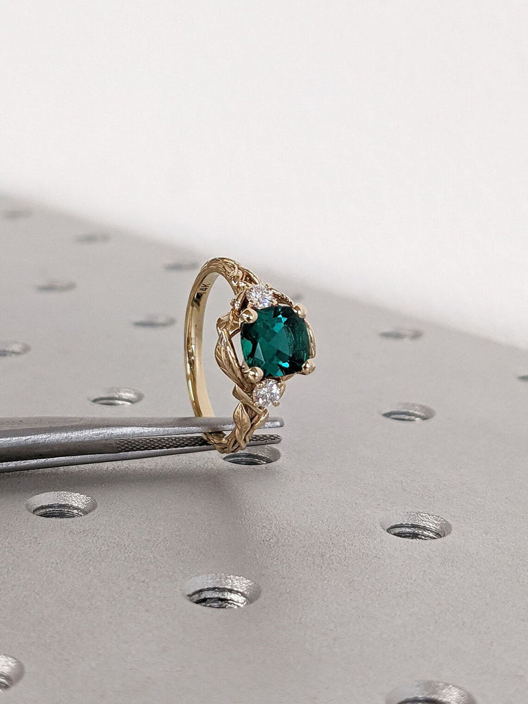 14K 18K Yellow Gold Nature Inspired Lab Created Emerald Engagement Promise Ring for Her | Diamond Platinum Three Stone Trinity Wedding Ring