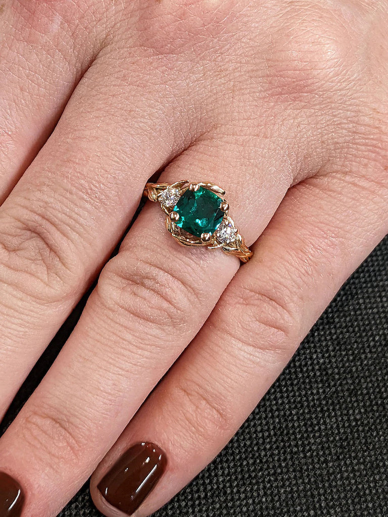 May Birthstone Green Lab Grown Emerald Women Wedding Anniversary Ring | Rustic Diamond Moissanite Twigs and Leaves Flower Petals Promise Ring | Personalized Bridal Jewelry