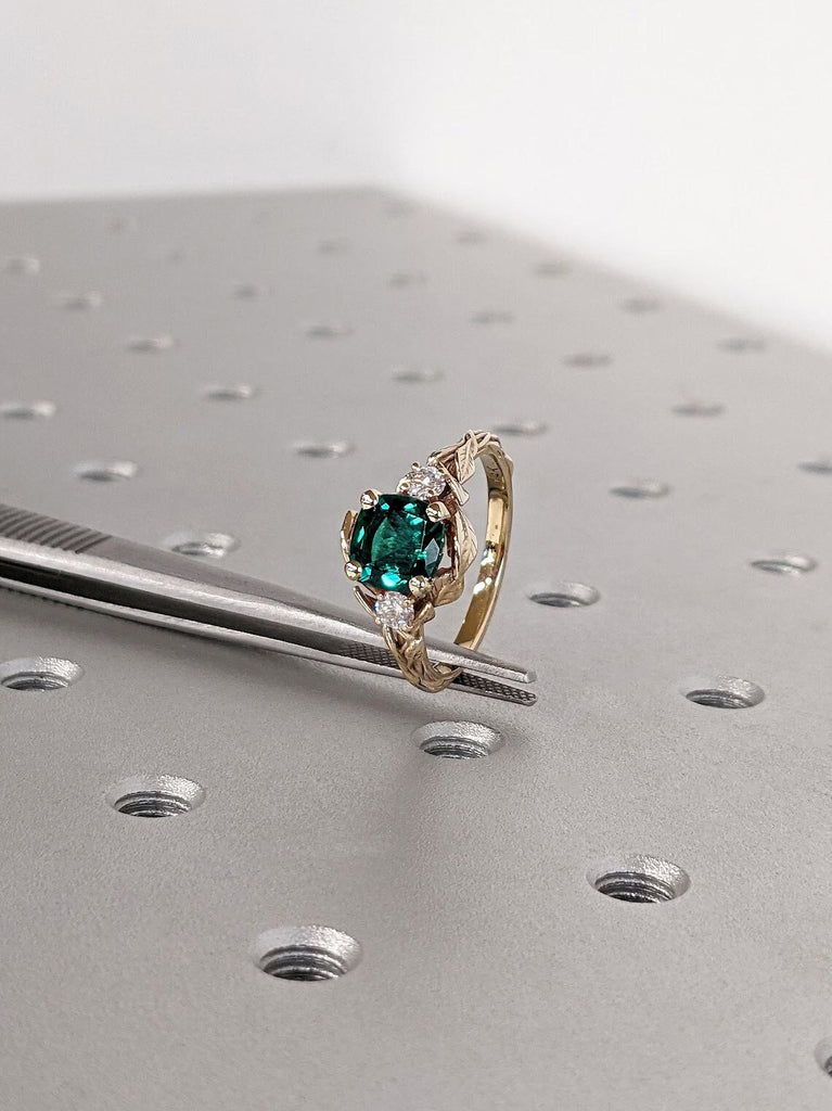 May Birthstone Cushion cut Lab Grown Emerald Women Wedding Anniversary Cocktail Ring | Nature Inspired Solid Gold Moissanite Promise Ring