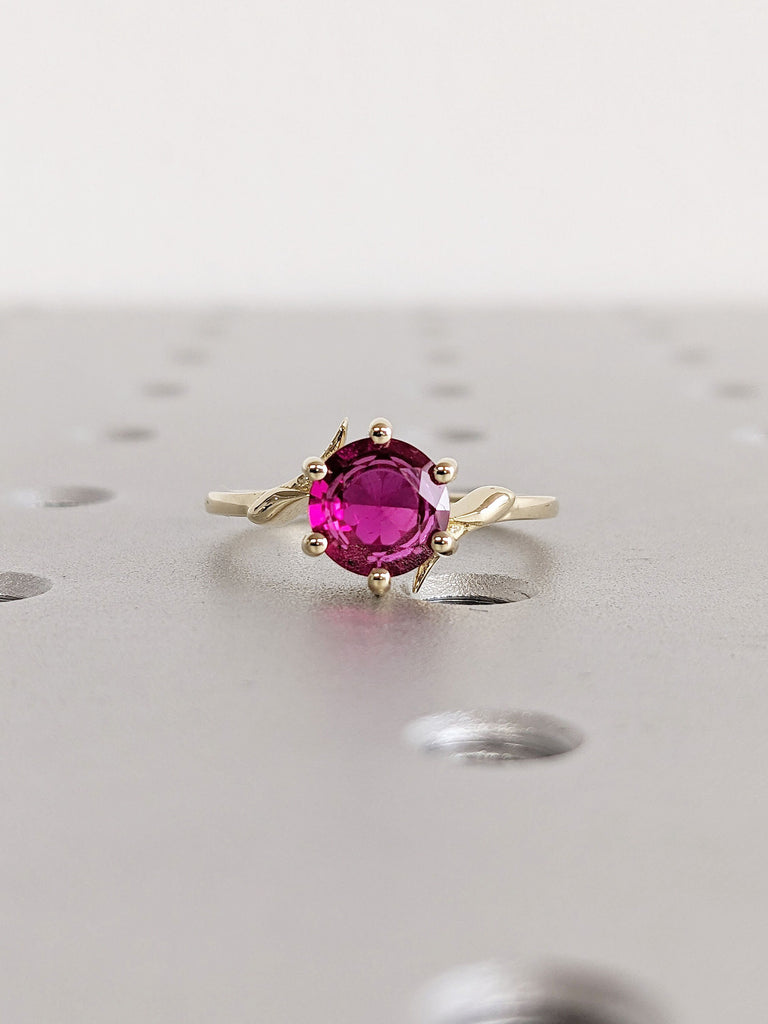 Eco Friendly 1ct Round cut Lab Created Ruby Engagement Promise Ring | 14K Gold Twig and Leaf Asymmetrical Dainty Wedding Band