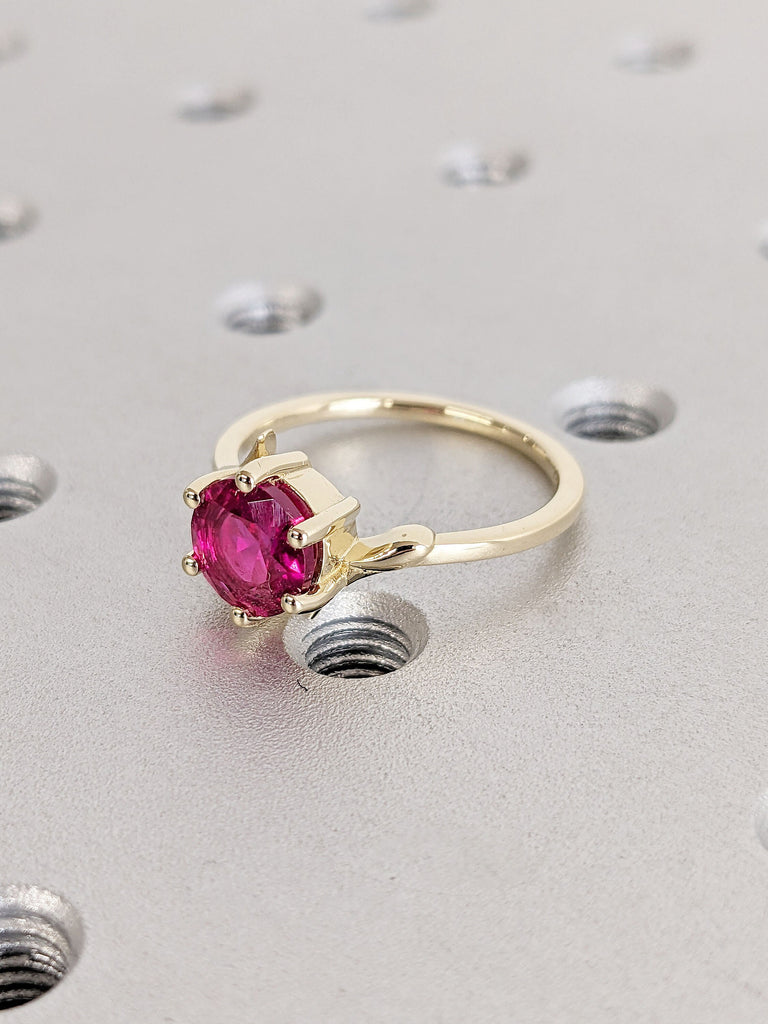 Nature Inspired Round Lab Grown Ruby Women Engagement Cocktail Ring | Solid Gold Asymmetrical Thin Wedding Band Red Gemstone Bridal Jewelry