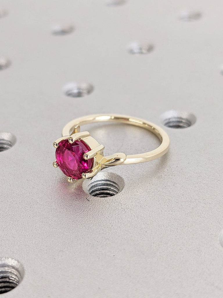 Round cut Red Lab Grown Ruby Rustic Wedding Anniversary Ring for Wife | 14K Yellow Gold Twig and Leaf Promise Ring | July Birthstone Jewelry