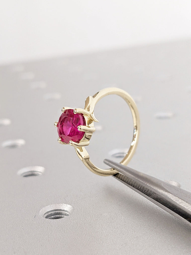 Nature Inspired Round Lab Grown Ruby Women Engagement Cocktail Ring | Solid Gold Asymmetrical Thin Wedding Band Red Gemstone Bridal Jewelry