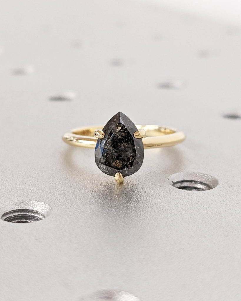 Galaxy Raw Salt and Pepper Diamond Ring- Teardrop Diamond Engagement Ring- Unique Bridal Diamond Promise Ring- 18K Yellow Gold- Solitaire