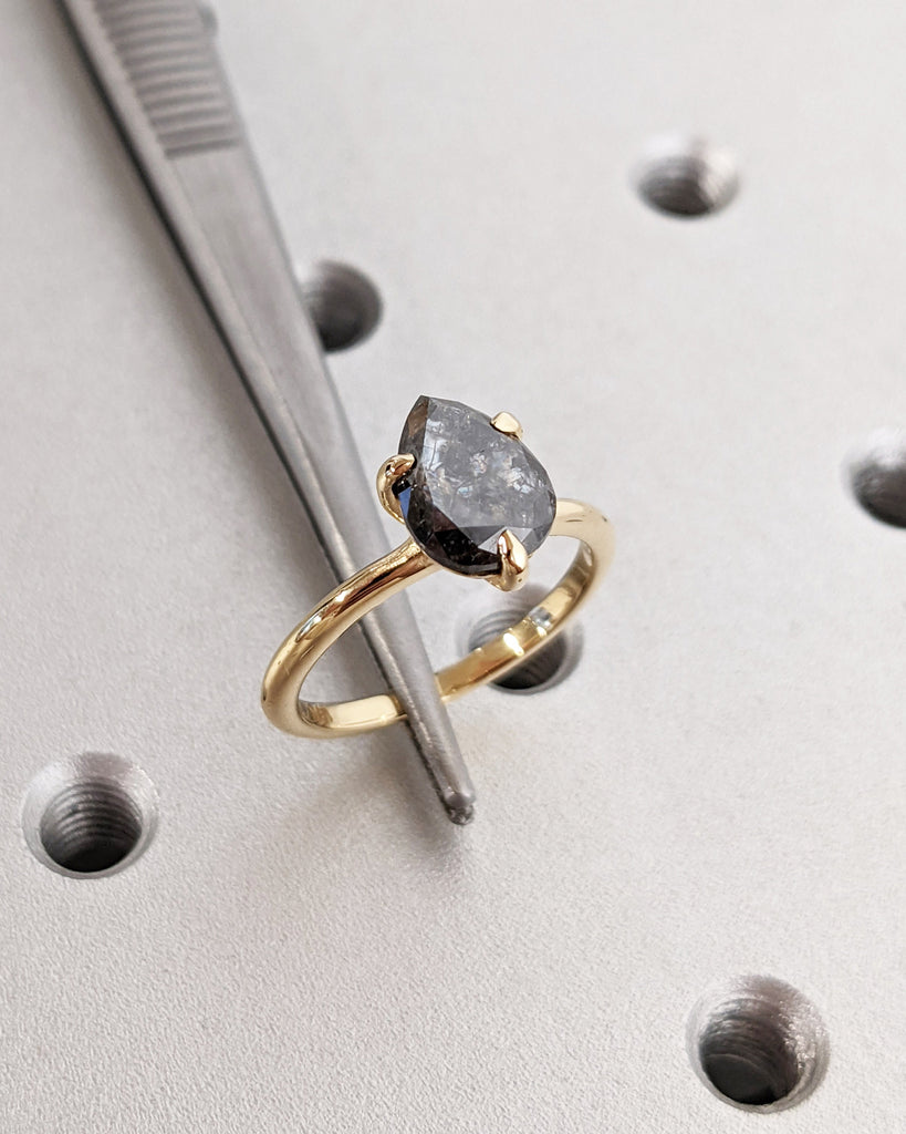 Galaxy Raw Salt and Pepper Diamond Ring- Teardrop Diamond Engagement Ring- Unique Bridal Diamond Promise Ring- 18K Yellow Gold- Solitaire