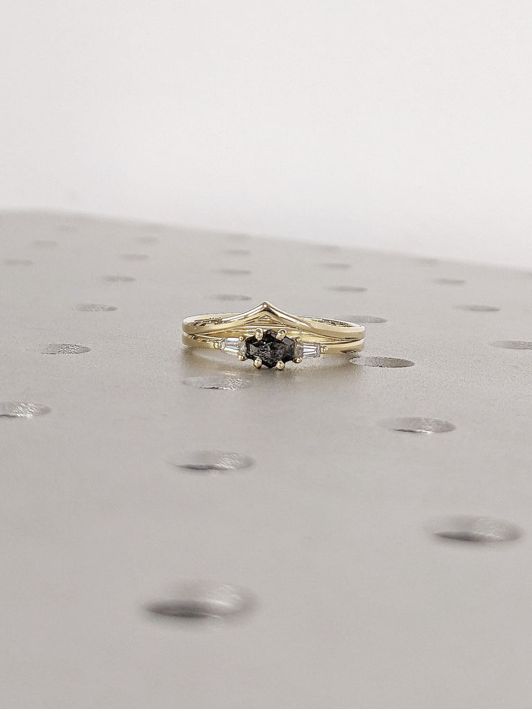 Hexagon Salt and Pepper Diamond Engagement Cocktail Ring Set | Matching 14K Yellow Gold Dainty Chevron V Shape Band | Unique Proposal Ring