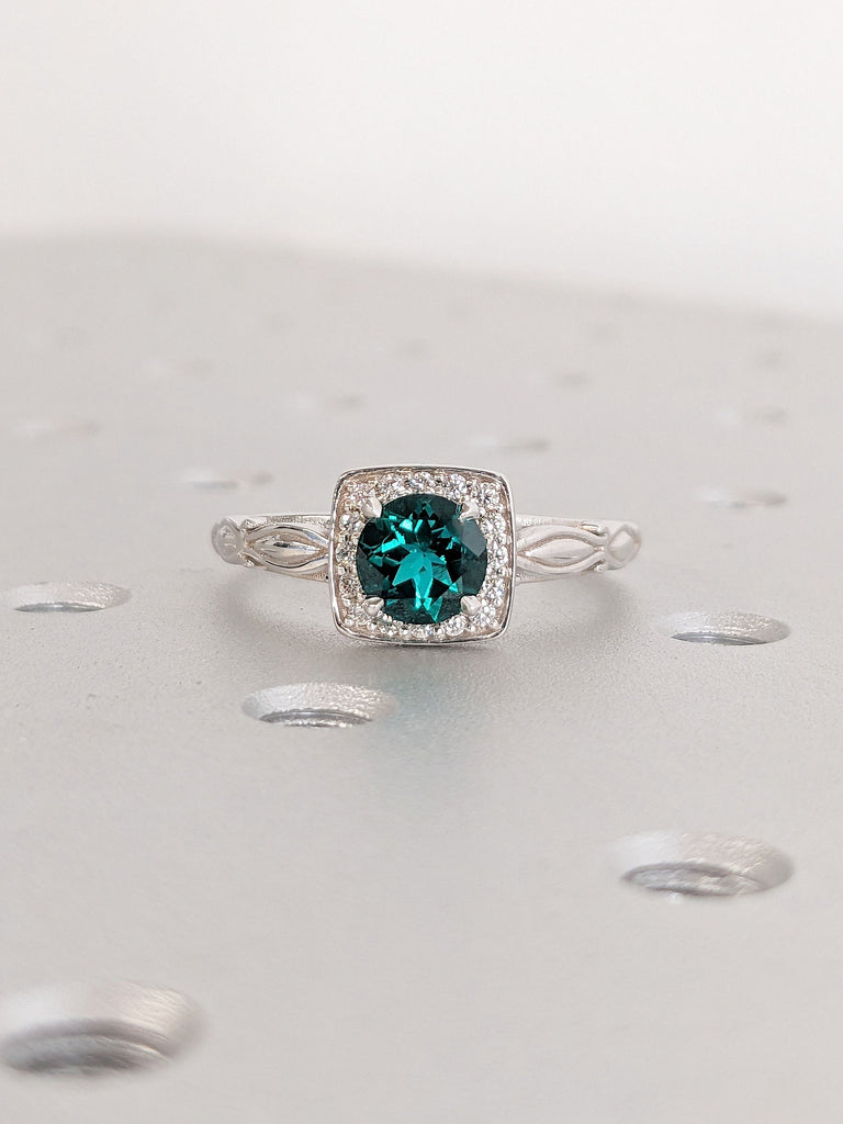 May Birthstone 1ct Round cut Green Lab Grown Emerald Women Engagement Proposal Ring | 14K White Gold Square Diamond Halo Vintage Filigree Wedding Band | Alternative Bridal Jewelry