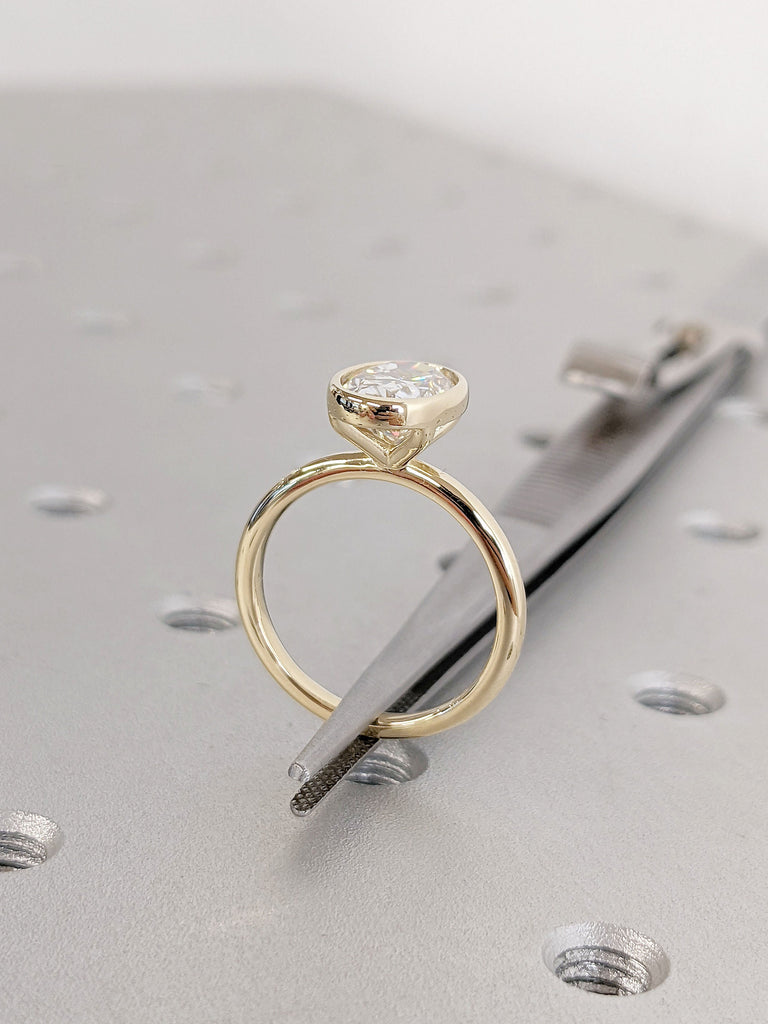 14K Yellow Gold Oval Cut VVS Moissanite Solitaire Engagement Ring | Bezel Setting Statement Ring | Gift For Her | Simple Timeless Bridal Set