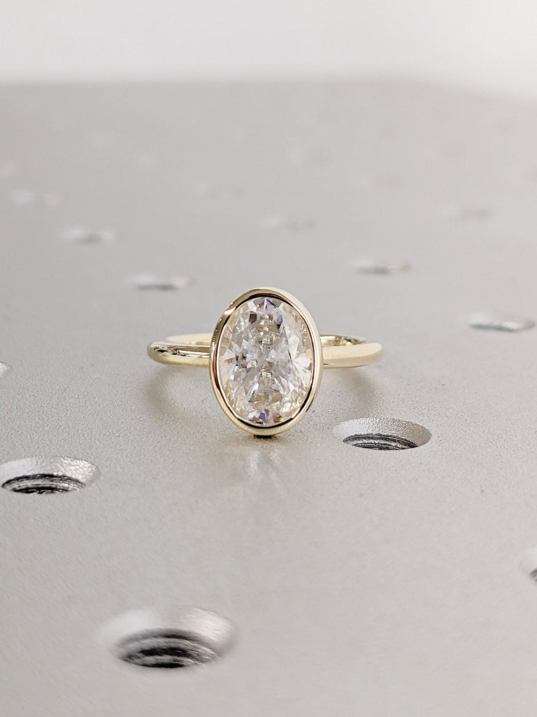 14K Yellow Gold Oval Cut Moissanite Solitaire Engagement Ring | Bezel Setting Statement Ring | Gift For Her | Simple Timeless Bridal Set