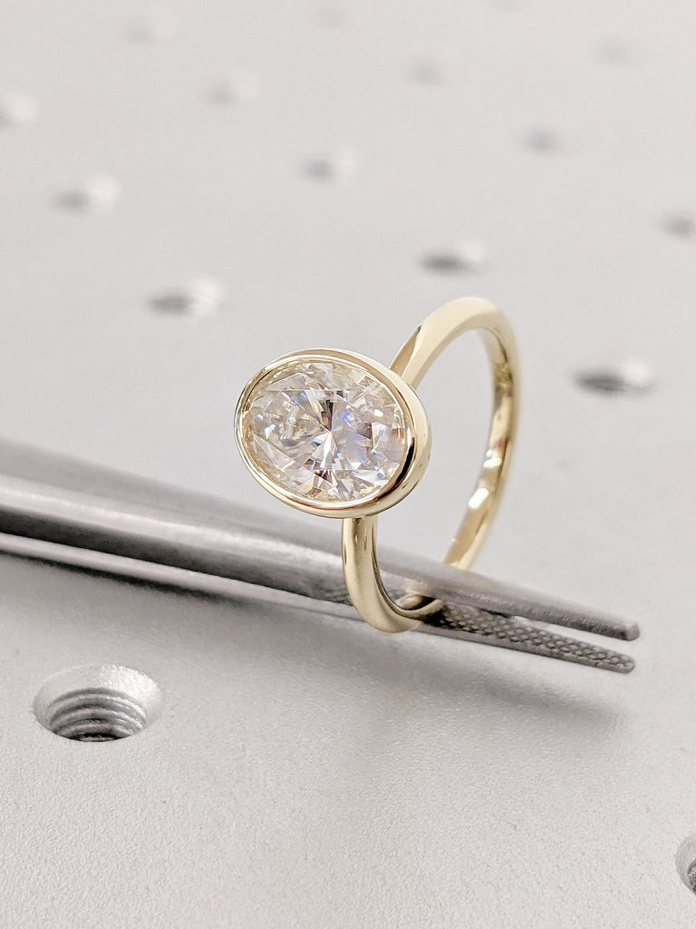 14K Yellow Gold Bezel Set Lab Created Diamond Proposal Ring | Oval Brilliant Cut Gemstone | Custom Wedding Ring for Her