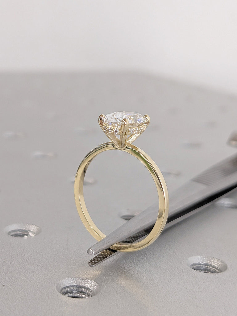 Hidden Halo Diamond Moissanite Thin Gold Band | CVD Lab Grown Diamond Engagement Promise Ring for Her | 14K 18K Gold Bridal Jewelry
