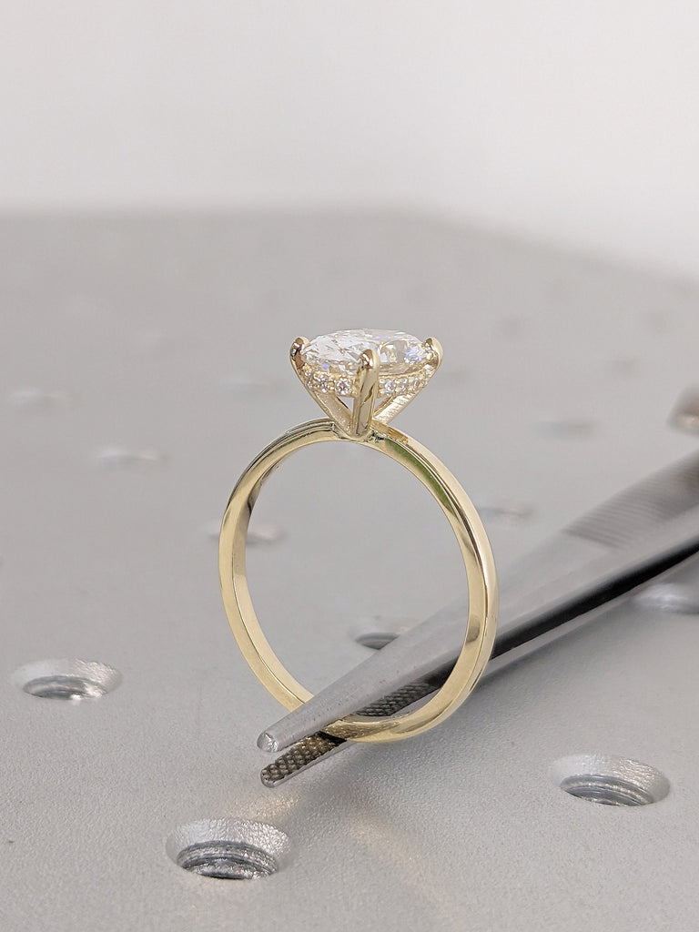 Oval cut Moissanite Solitaire Women Engagement Ring | Diamond Hidden Halo Promise Ring | 14K 18K Thin Yellow Gold Band Bridal Jewelry