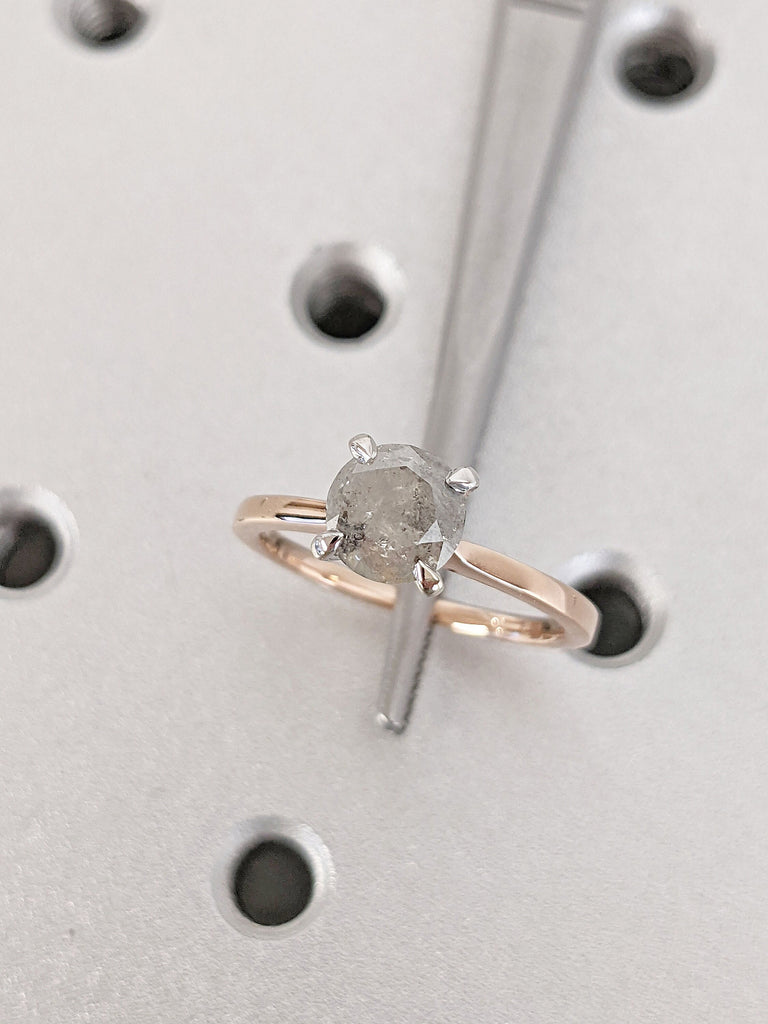 1.25ct Round cut Natural Salt and Pepper Grey Diamond Solitaire Women Engagement Cocktail Ring | 14K Rose & White Gold | Custom Simple Wedding Band