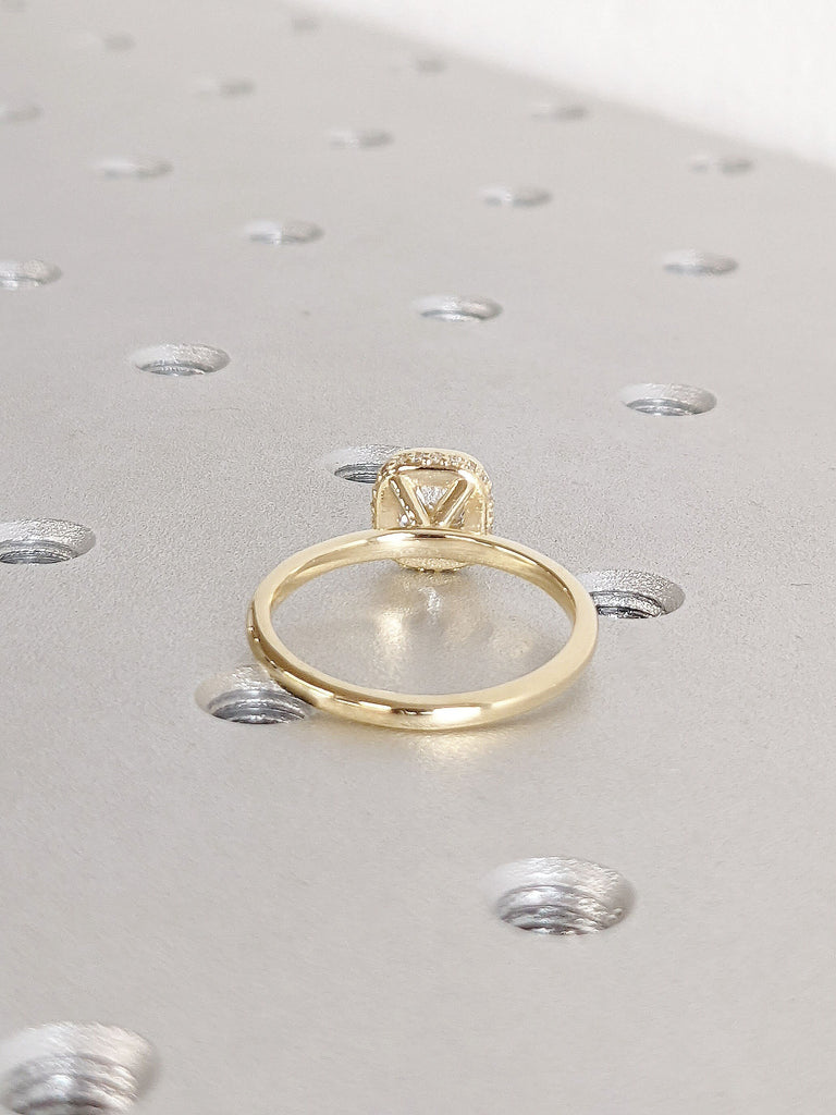 Bezel Set Cushion Cut Lab Grown Diamond Engagement Promise Ring | 14K 18K Yellow Gold Diamond Hidden Halo Wedding Anniversary Ring for Wife