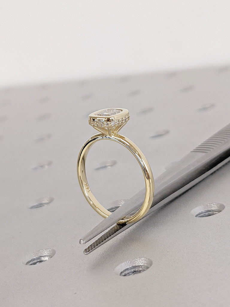 Cushion cut Lab Grown Diamond Hidden Halo Women Engagement Ring | 14K Yellow Gold Dainty Promise Ring | Bezel set Jewelry