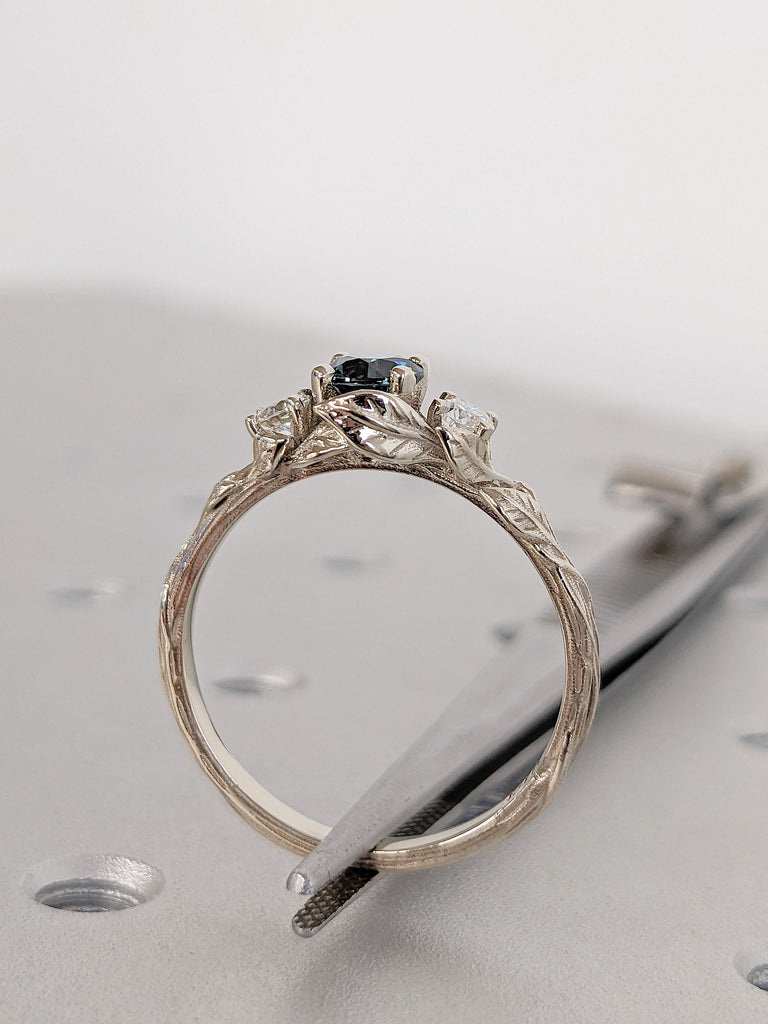 Nature Inspired Leaf Branch Rustic Proposal Ring | Moissanite, Sapphire Cocktail Ring