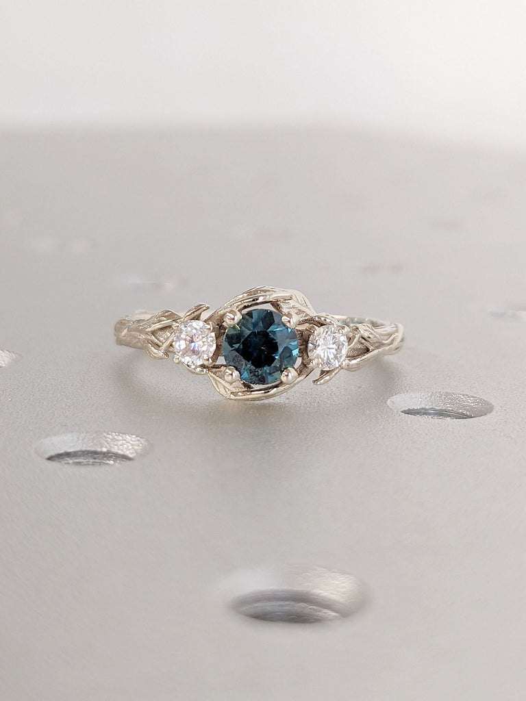 Multi Stone Teal Sapphire, Diamond Women Engagement Ring | White Gold Floral Wedding Ring