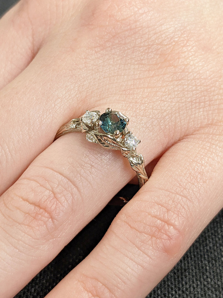 14K 18K White Gold Round Natural Montana Sapphire Engagement Cocktail Ring | Rustic Twigs Leaf Blue Green Crystal Promise Ring for Her