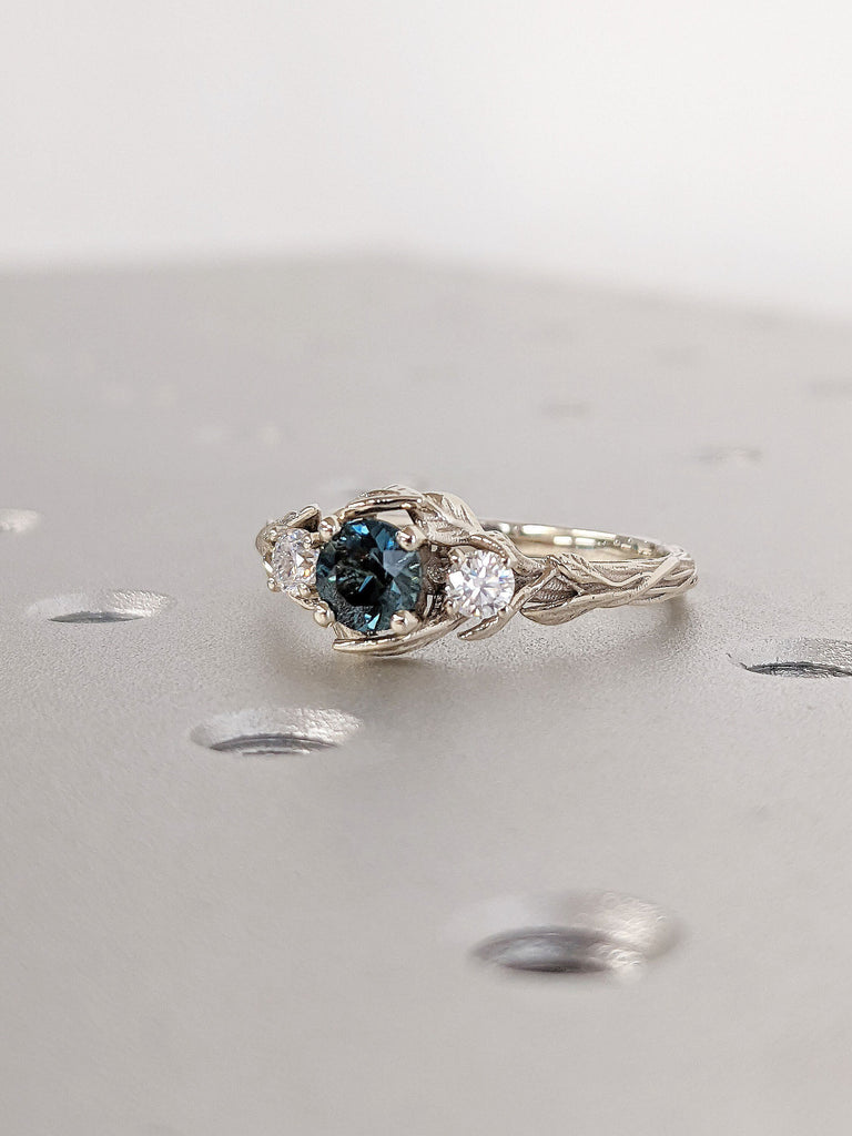 14K 18K White Gold Round Natural Montana Sapphire Engagement Cocktail Ring | Rustic Twigs Leaf Blue Green Crystal Promise Ring for Her