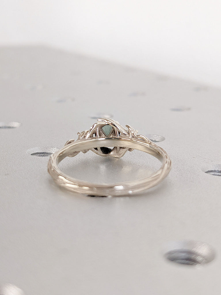 14K 18K White Gold Round Natural Montana Sapphire Engagement Cocktail Ring | Rustic Twigs Leaf Blue Green Crystal Promise Ring for Her