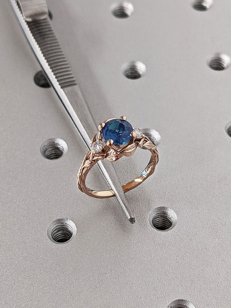 3 Stone Trilogy Lab Sapphire Wedding Anniversary Ring for Wife | 14K 18K Solid Gold, Platinum Nature Inspired Unique Twigs and Leafs Proposal Ring