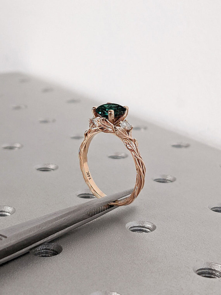 1ct Round cut Green Lab Grown Emerald Engagement Cocktail Ring for Her | Nature Inspired 14K 18K Rose Gold 3 Stone Trinity Diamond Proposal Ring