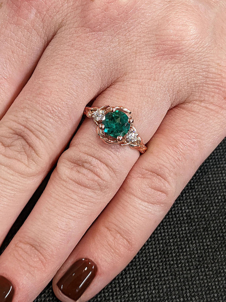 Art Deco Multi Stone Lab Grown Emerald, Diamond or Moissanite Unique Proposal Ring for Her | 14K 18K Rose Gold May Birthstone Ring