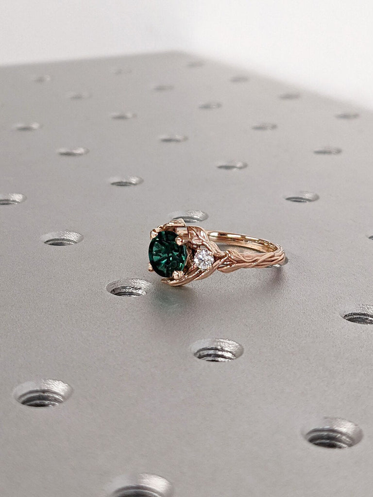 Round cut Green Lab Grown Emerald Engagement Cocktail Ring for Her | Nature Inspired 14K 18K Rose Gold 3 Stone Trinity Diamond Proposal Ring