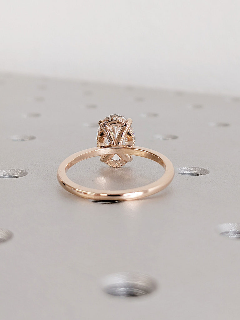 Oval Cut Colorless Moissanite Wedding Ring with Hidden Halo in Rose Gold, Oval Engagement Ring, 4 Prong Anniversary Ring, 14K/18K Solid Gold