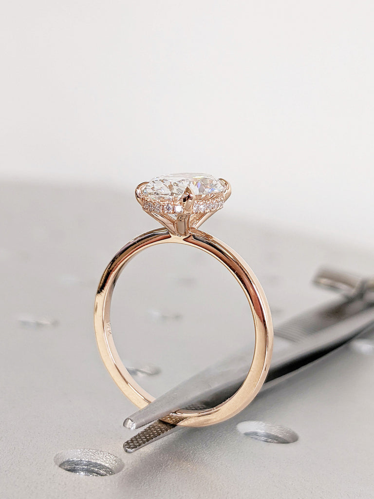 Unique Diamond Moissanite Hidden Halo Women Wedding Anniversary Ring for Wife | Solitaire Oval Moissanite Rose Gold Promise Ring