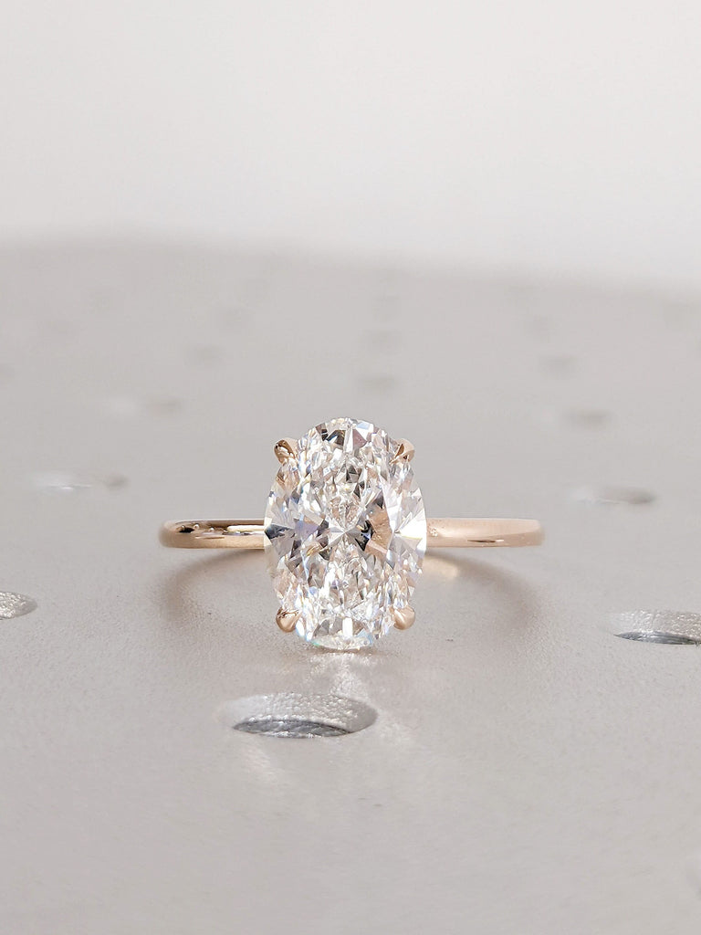 14K Rose Gold Moissanite Solitaire Hidden Halo Engagement Ring for Her | Talon Prong Setting Simple Promise Ring | Classic Oval cut Jewelry