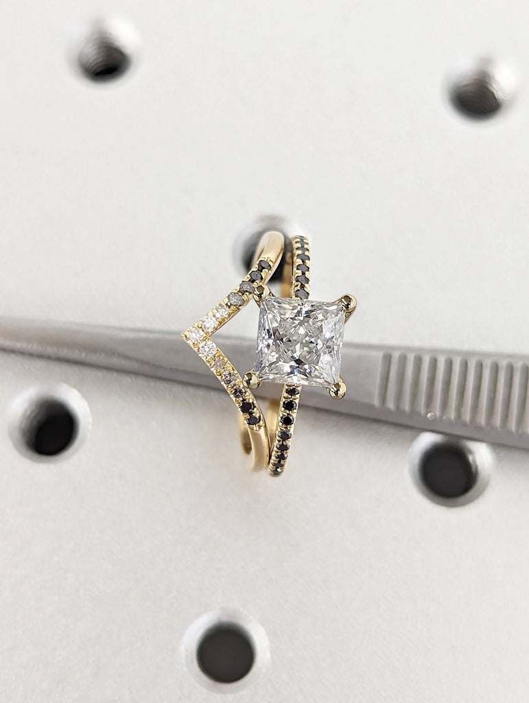 Vintage Moissanite Engagement Ring Set Unique Yellow Gold Engagement Ring Set Dainty Diamond Bridal Set Promise Ring Anniversary Gift