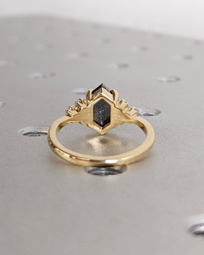 Raw Diamond Hexagon Baguette Princess Diamond, Salt and Pepper, Unique Engagement Ring, Geometric Diamond Ring, 14k Gold, Custom Handmade