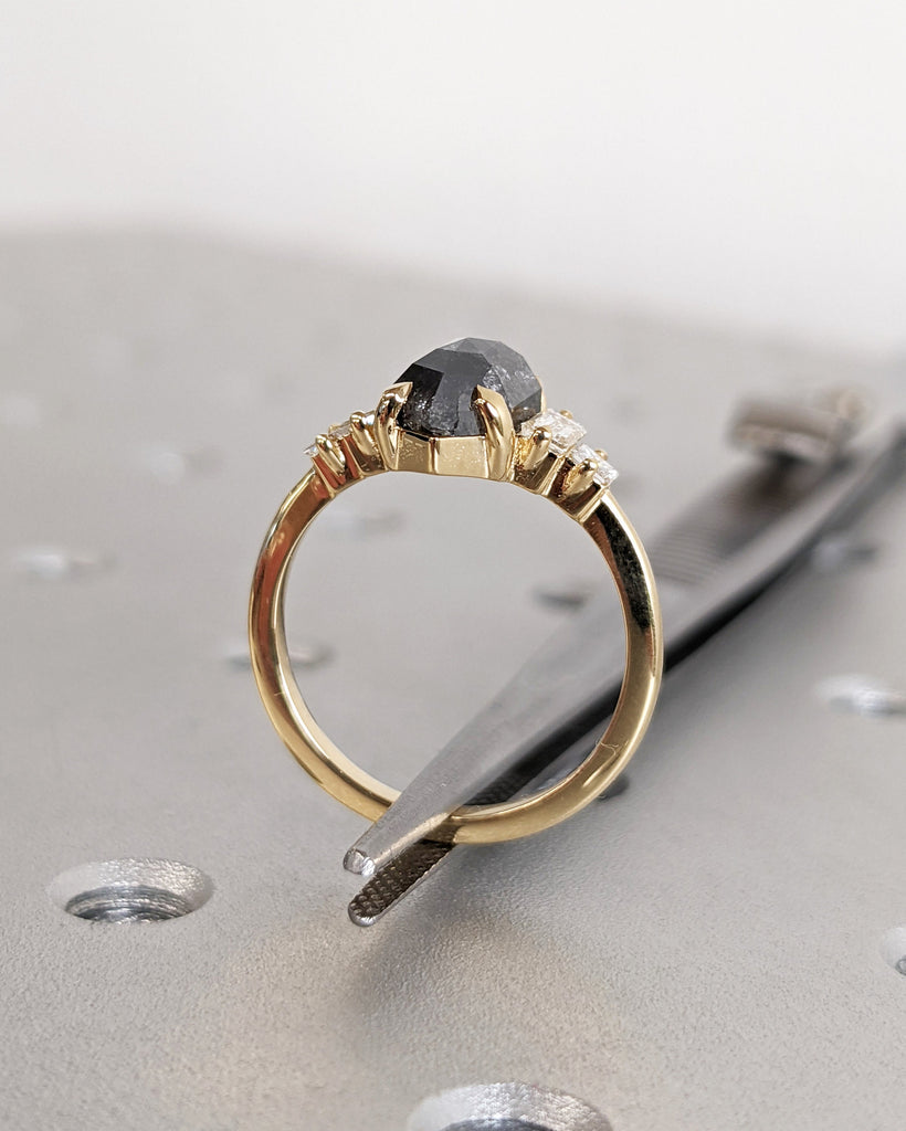 Raw Diamond Hexagon Baguette Princess Diamond, Salt and Pepper, Unique Engagement Ring, Geometric Diamond Ring, 14k Gold, Custom Handmade