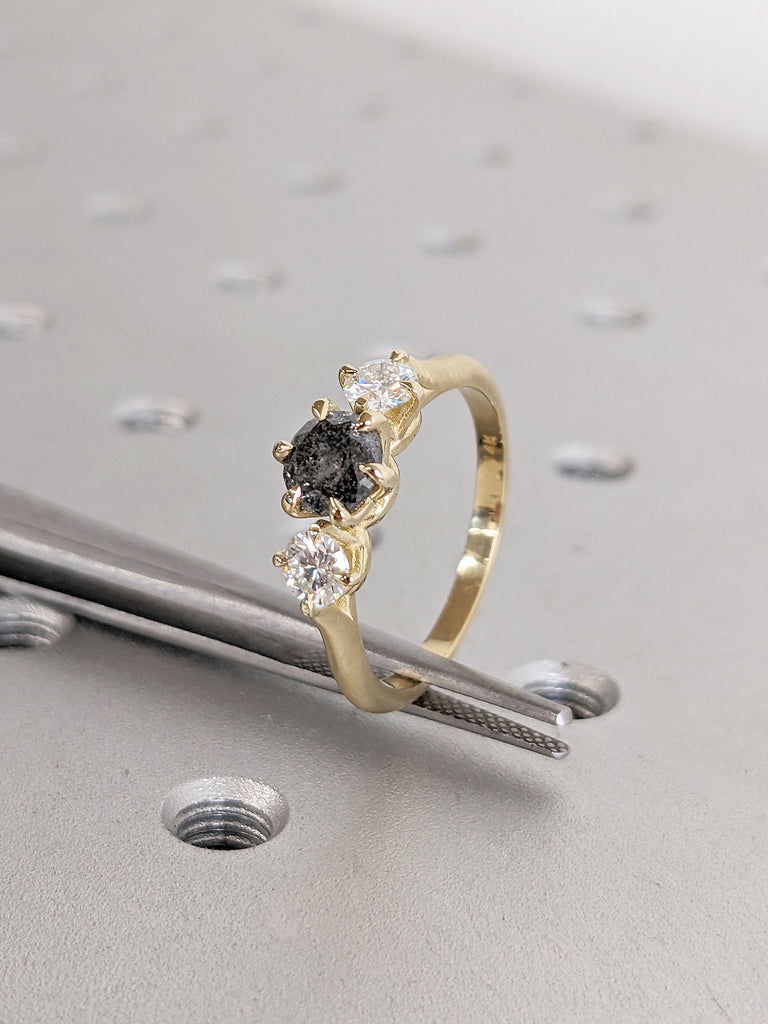 Multi Stone Salt and Pepper Grey Diamond Unique Proposal Ring | 14K Yellow Gold Polished Wedding Band | Round cut Moissanite Jewellery