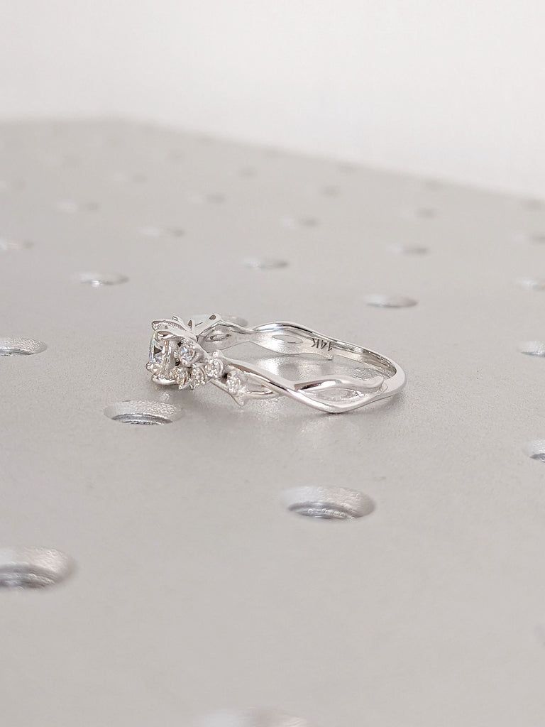 Nature Inspired Round cut Lab Grown Diamond Unique Women Engagement Ring | Snowdrift Diamond Cluster 14K 18K White Gold Thin Wedding Band