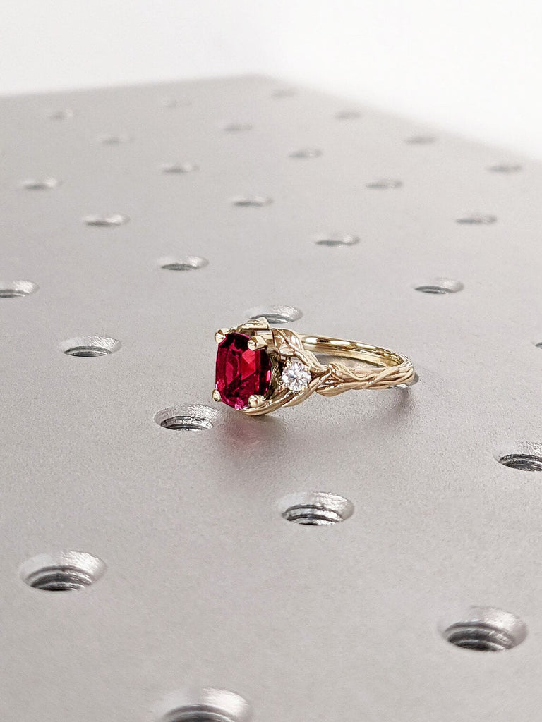 Red Lab Ruby July Birthstone Women Cocktail Proposal Ring | Rustic Twig and Leafs Solid Gold, Platinum Wedding Anniversary Ring for Wife