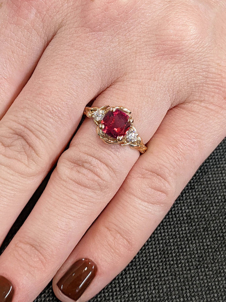 1ct Cushion cut Lab Grown Ruby 14K Yellow Gold Rustic Engagement Cocktail Ring | Nature Inspired Leaves Motif Custom Wedding Anniversary Ring | Women Jewelry