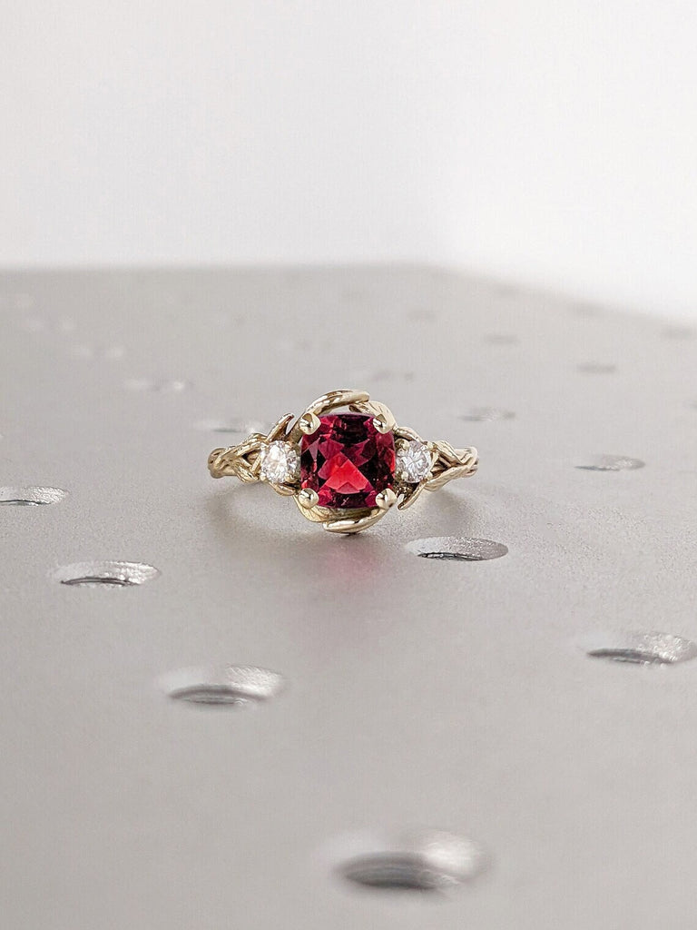 Cushion cut Lab Grown Ruby 14K Yellow Gold Rustic Promise Ring | Nature Inspired Leaves Motif Custom Engagement Wedding Anniversary Ring