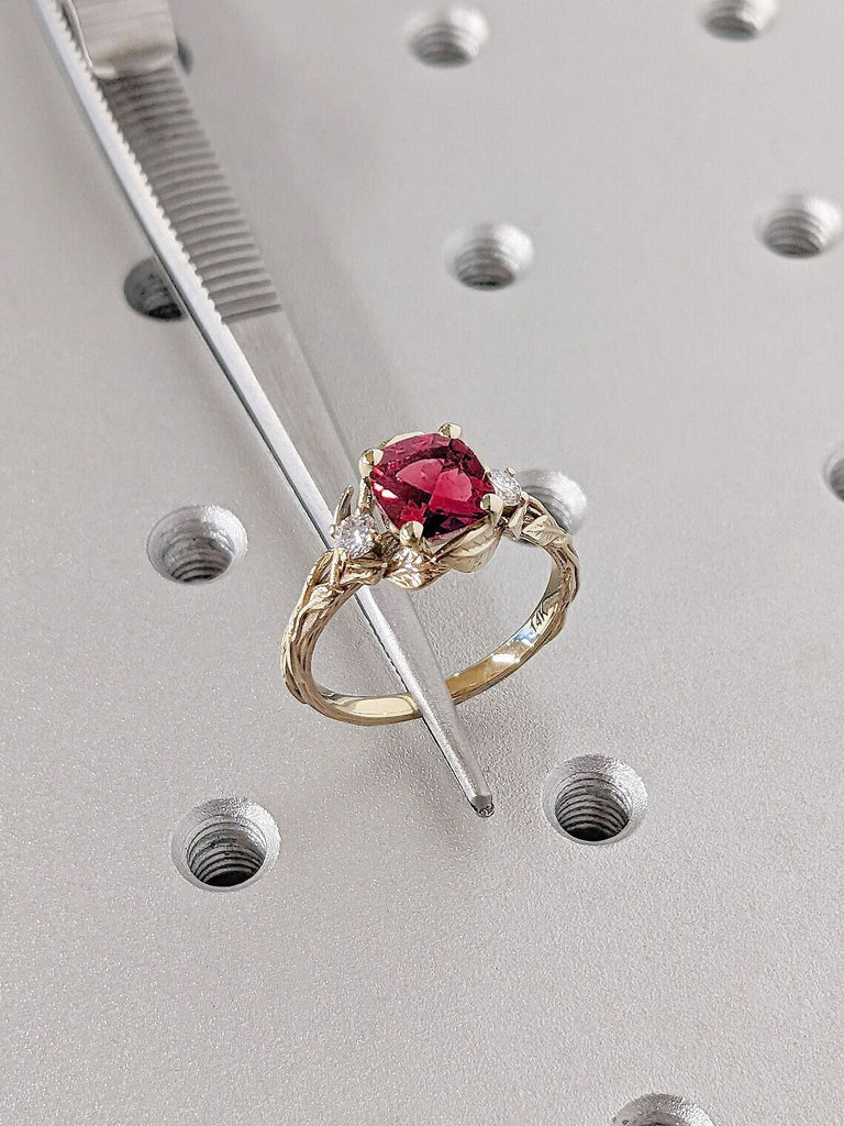 July Birthstone Cushion cut Red Lab Created Ruby 3 Stone Trilogy Women Engagement Cocktail Ring | Nature Inspired 14K 18K Yellow Gold Twigs and Leafs Motifs Wedding Band | Alternative Bridal Jewelry