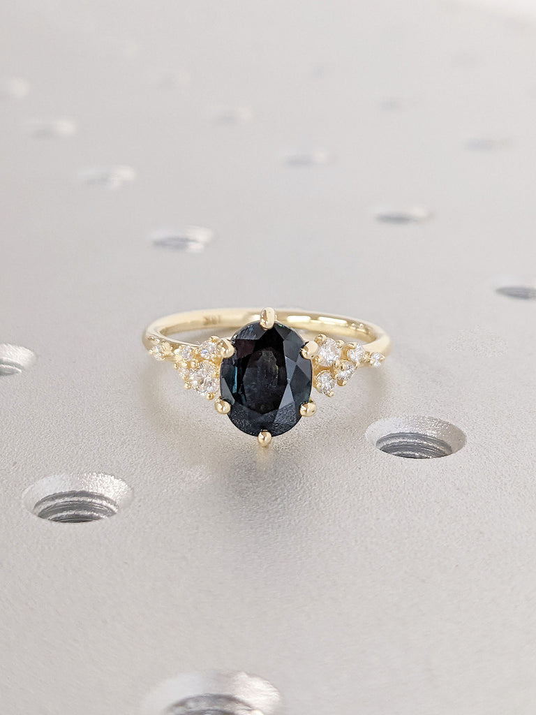 One of a kind Montana Sapphire Ring | Blue Green Sapphire Diamond Cluster Ring | Vintage Inspired Teal Sapphire Engagement Ring | 14K Gold