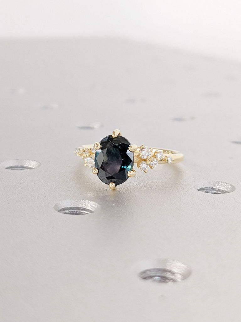 1.5ct Oval cut Natural Teal Sapphire Solitaire Engagement Cocktail Ring | 18K Yellow Gold Moissanite Cluster Promise Ring | September Birthstone