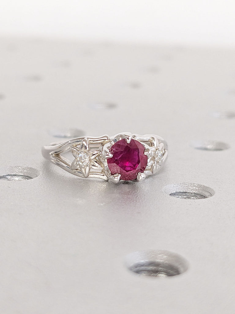 Celestial Inspired Starburst Flower Moissanite, Round cut Lab Grown Ruby Women Wedding Anniversary Promise Ring | July Birthstone | 14K 18K White Gold Jewelry