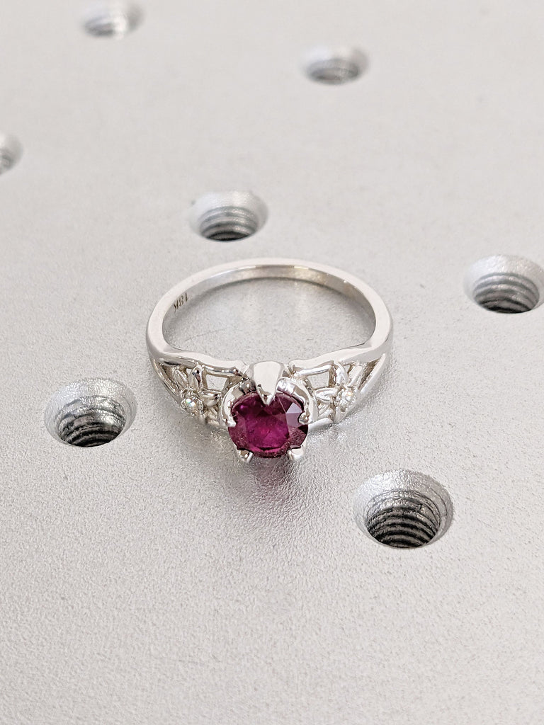 July Birthstone Lab Grown Ruby Wedding Anniversary Ring for Wife | Starburst Flower Moissanite Proposal Ring | 18K White Gold Bridal Jewelry