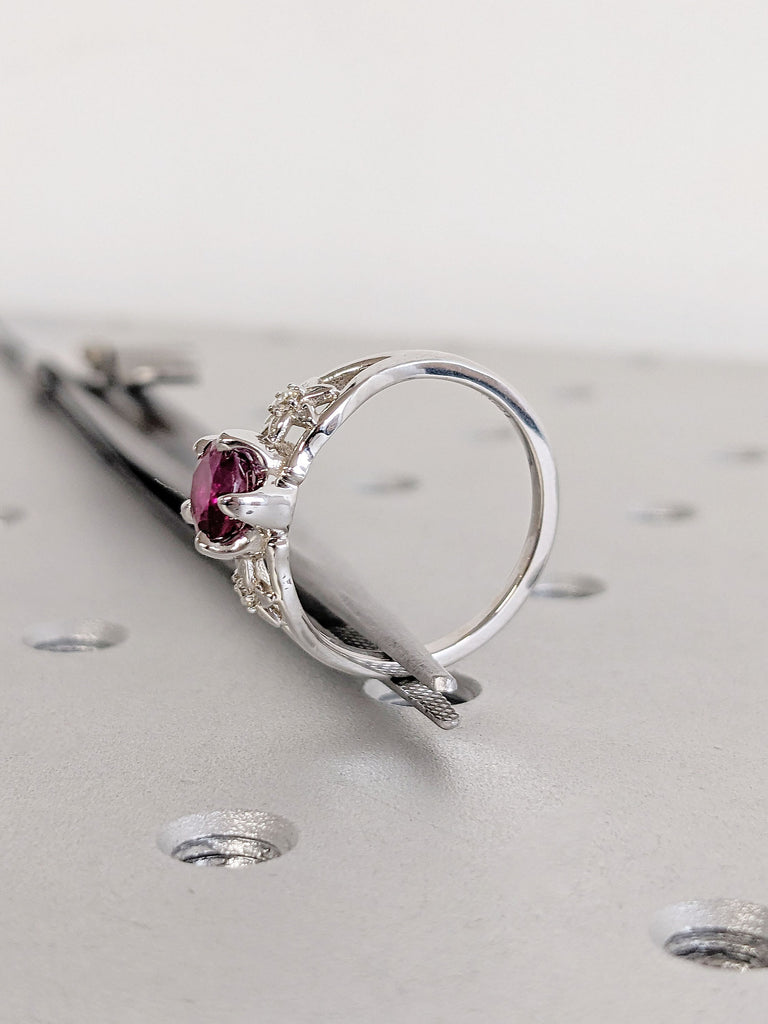 July Birthstone Lab Grown Ruby Wedding Anniversary Ring for Wife | Starburst Flower Moissanite Proposal Ring | 18K White Gold Bridal Jewelry