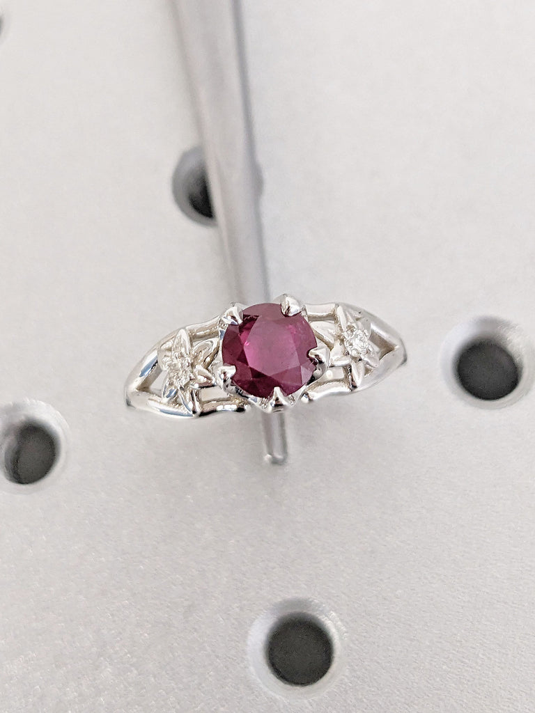 Celestial Inspired Round cut Red Lab Ruby Engagement Cocktail Ring | My Sun & Stars Diamond Split Shank Wedding Band | 14K 18K Gold Platinum